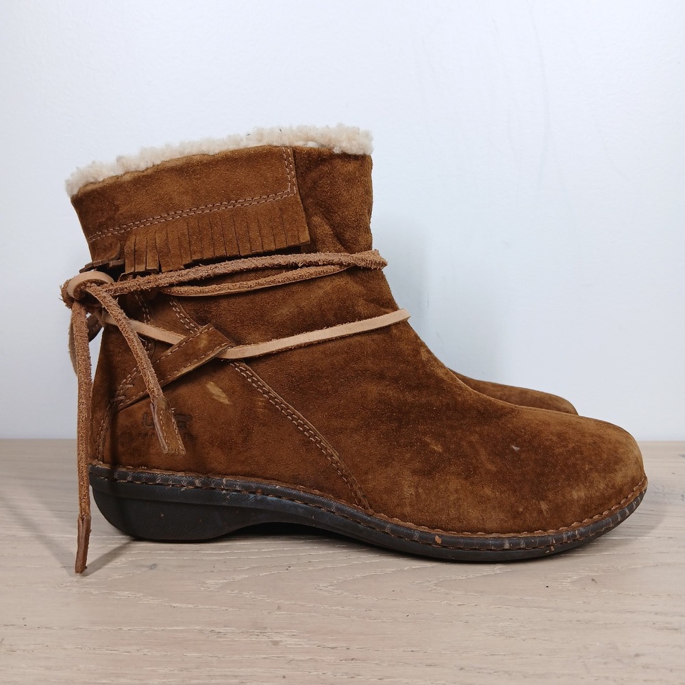 UGG Australia Boots Womens 11 Brown Suede Shearling Lace Up Wrap Tie Boho - Picture 2 of 10